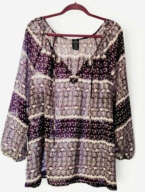 Faded Glory sheer purple floral peasant tunic with a Tie Neck 3X(22W-24)